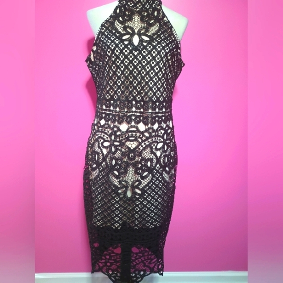 Eilly Bazar Ladies Black Lace Overlay Midi Pencil Dress (Size XL) - Picture 4 of 9